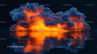 Fiery Explosion with Dramatic Clouds and Water Reflection