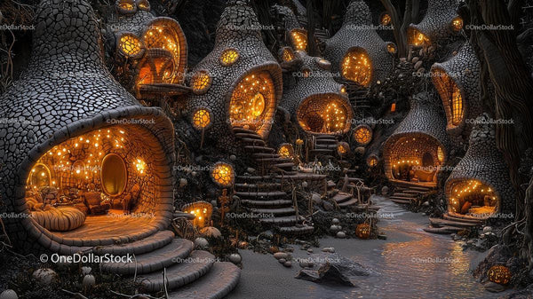 Whimsical Mushroom Houses in Enchanted Forest at Night