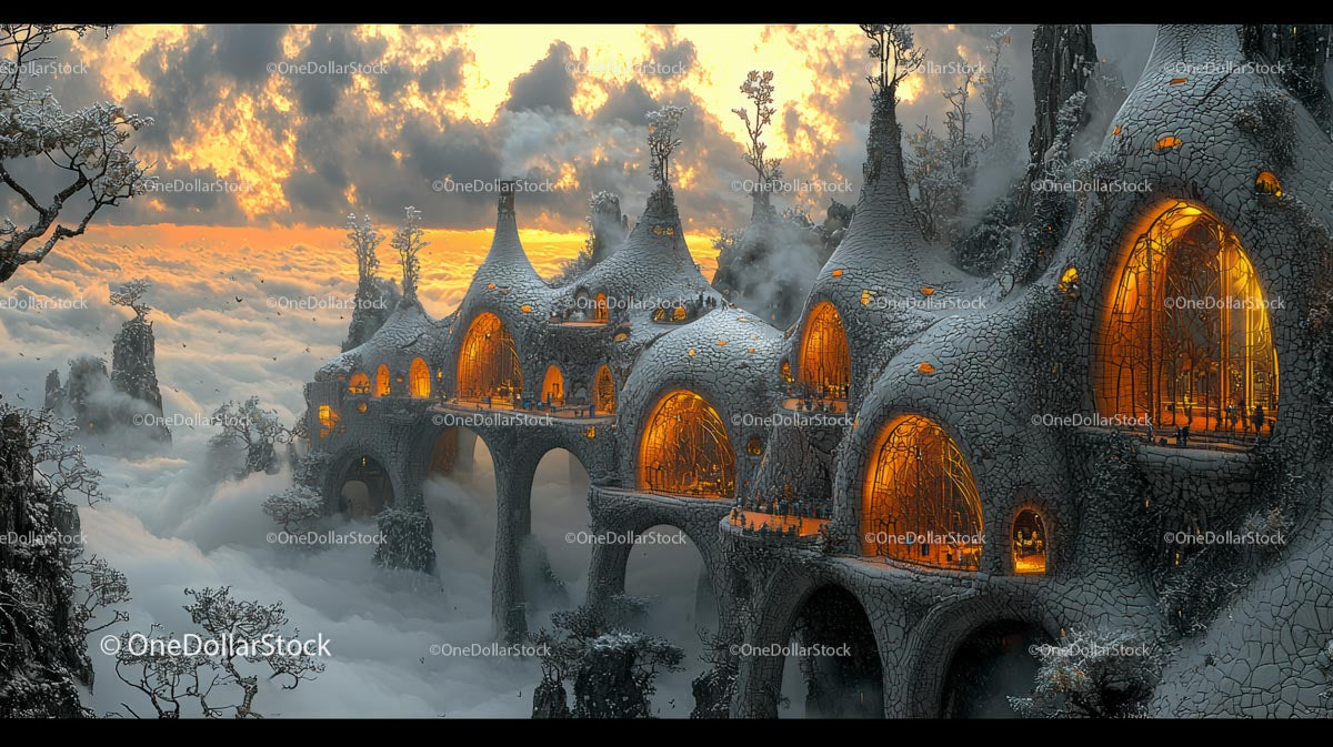 Surrealistyczny zamek fantasy w mglistym zmierzchu górskim
