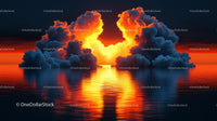 Dramatic Sunset with Fiery Clouds Over Calm Ocean