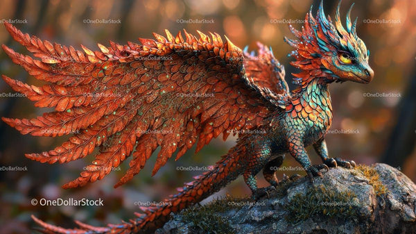 Vivid Fire Dragon with Majestic Wings Perched on Rock