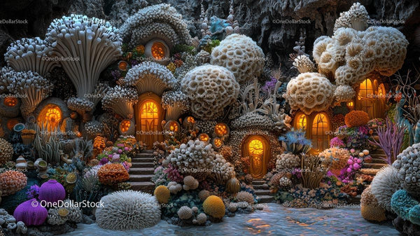 Fantasy Village with Glowing Windows and Whimsical Architecture