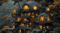 Whimsical Treehouse Village with Warm Glow in Enchanted Forest