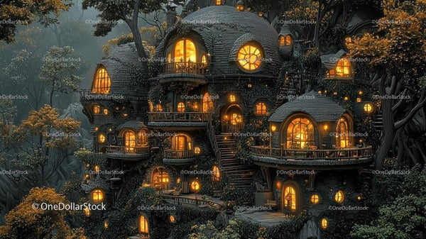 Whimsical Treehouse Village with Warm Glow in Enchanted Forest
