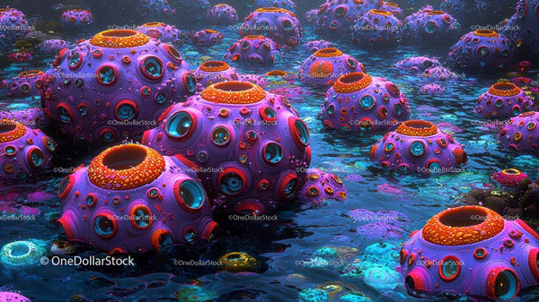Vibrant Alien Spheres in a Surreal Ocean Landscape