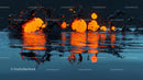 Glowing Orange Spheres Splash in Reflective Water