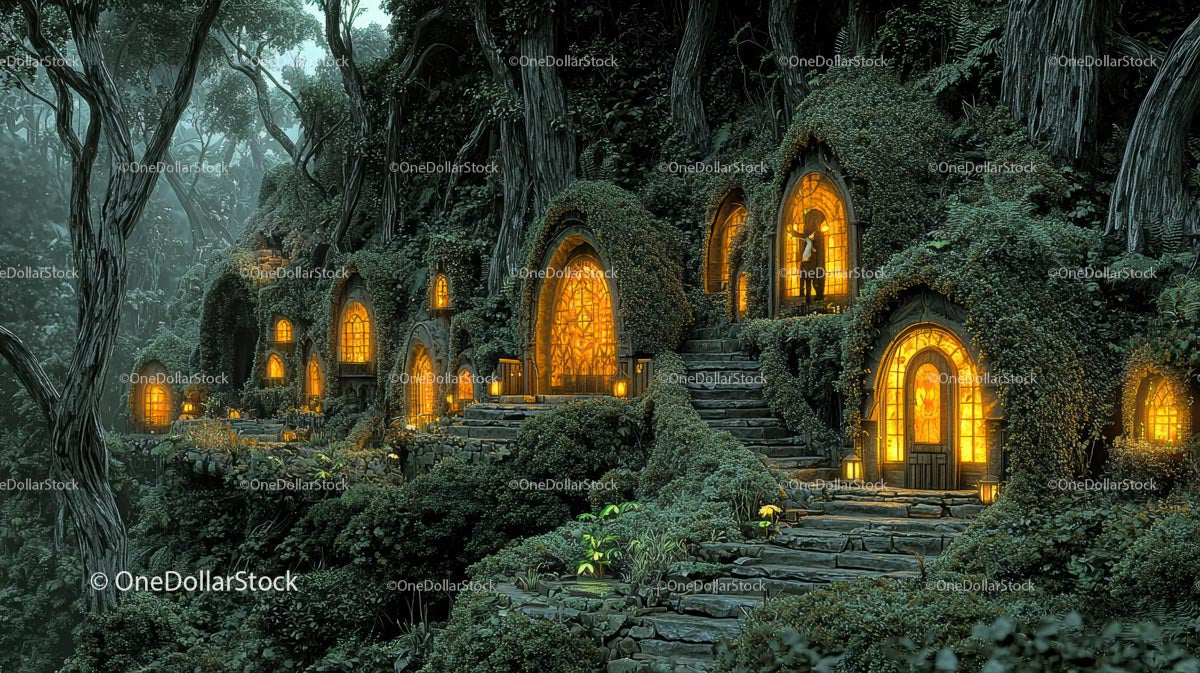 Magiczna wioska hobbitów ze świecącymi oknami w lesie