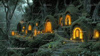 Magical Hobbit Village with Glowing Windows in Forest