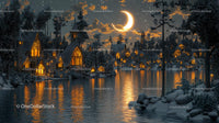 Enchanting Winter Village Under a Crescent Moon