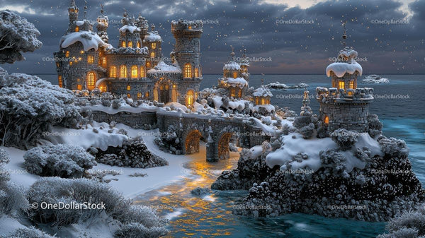 Enchanted Snow-Covered Castle by the Sea at Night