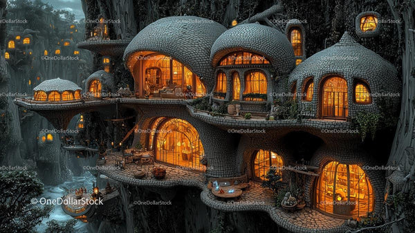 Fantasy Treehouse Village with Glowing Windows