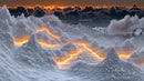 Surreal Mountain Landscape with Glowing Lava Flow