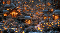 Snowy Village with Glowing Lights in Winter Wonderland