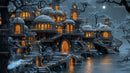 Magical Snowy Treehouse Village with Glowing Windows