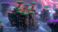 Floating Islands with Vibrant Mystical Trees in Fantasy World