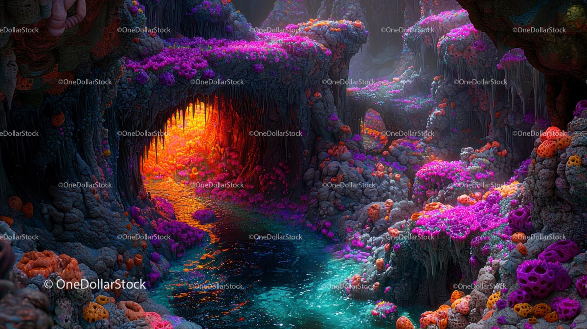 Tętniąca życiem jaskinia fantasy z błyszczącą florą