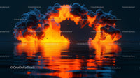 Fiery Explosion with Reflective Water and Dark Sky