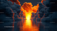 Fiery Explosion Amidst Dark Clouds Reflecting on Ocean