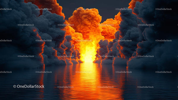 Fiery Explosion Amidst Dark Clouds Reflecting on Ocean