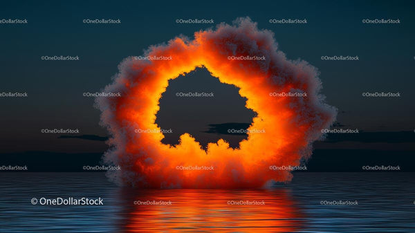 Fiery Explosion Ring Over Calm Ocean at Dusk