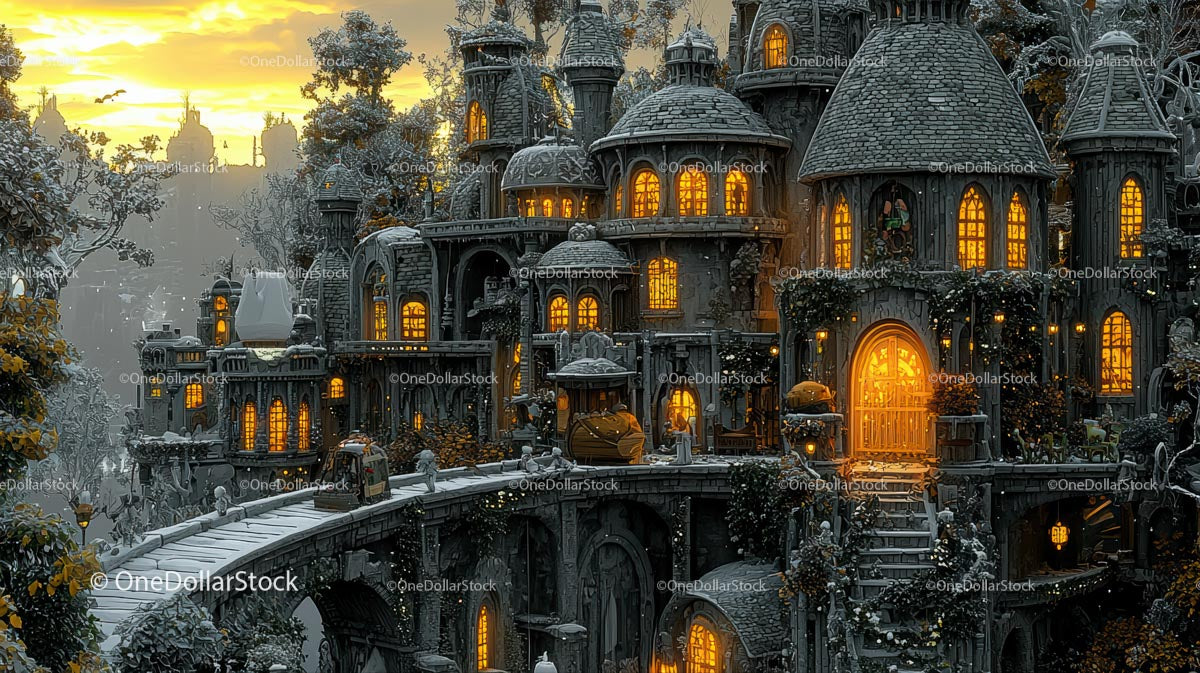 Urzekająca wioska fantasy o zachodzie słońca