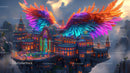 Majestic Floating Castle with Rainbow Wings