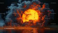 Fiery Sunset Behind Dramatic Clouds Over Water