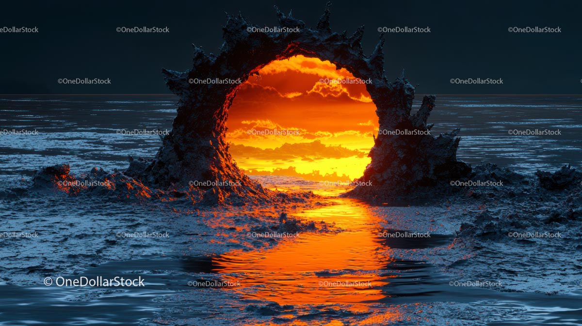 Ognisty Portal Nad Dramatycznym Oceanem O Zachodzie Słońca