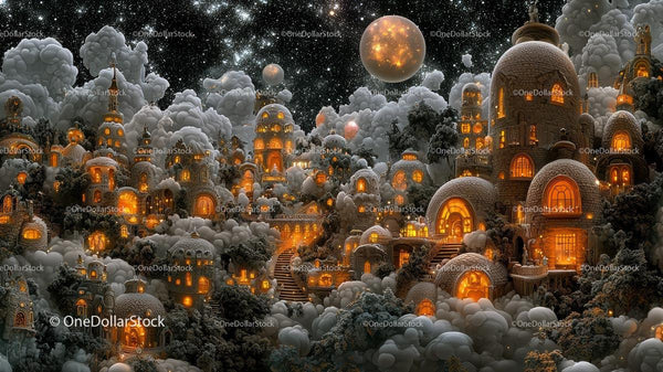 Fantasy Village with Glowing Lights Under a Starry Sky