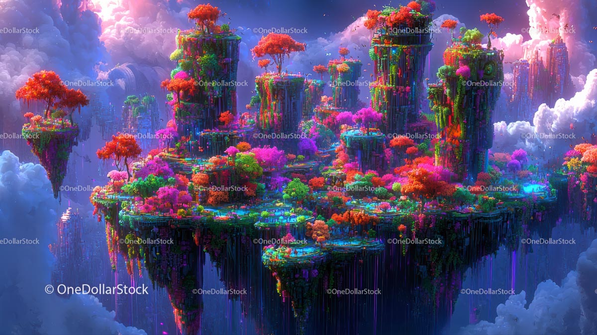 Tętniące życiem pływające wyspy w magicznym świecie fantasy