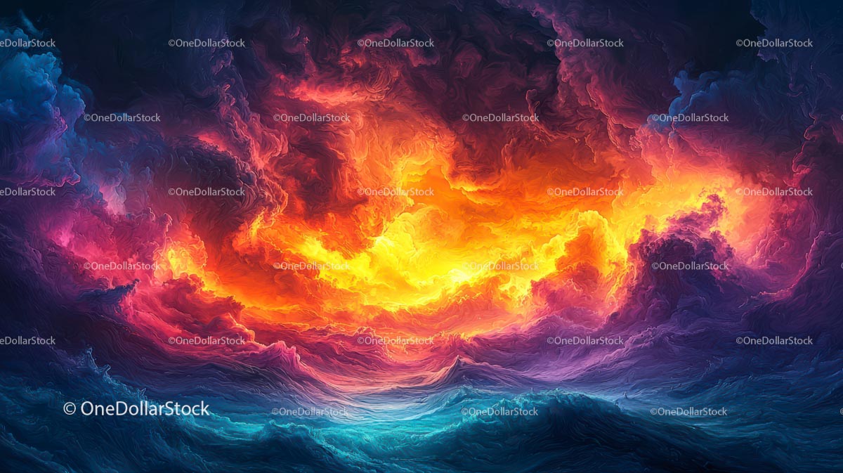 Żywy krajobraz fantasy z ognistymi chmurami i falami oceanu