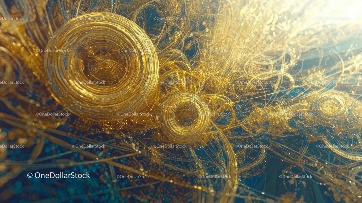 Złote spirale i skomplikowany abstrakcyjny wzór w kolorze niebieskim