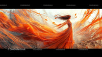Woman in Flowing Orange Dress Amidst Surreal Landscape