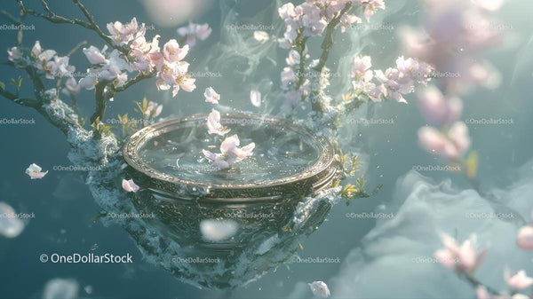 Floating Cherry Blossoms in an Ornate Mystical Setting