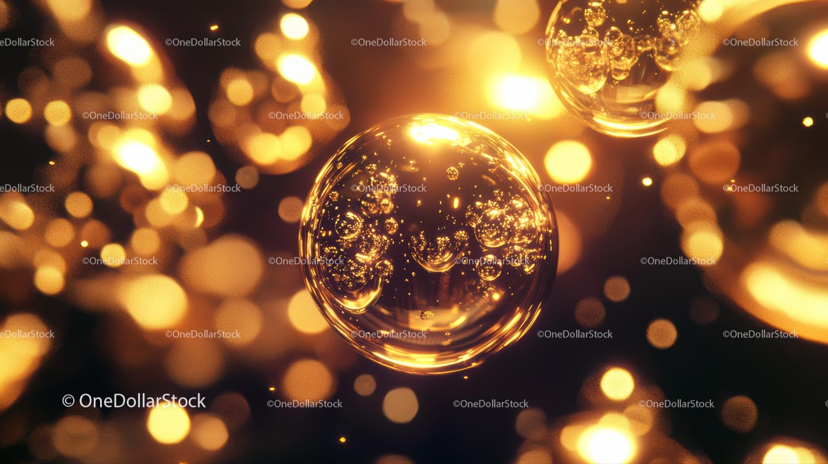 Świecące złote bąbelki z błyszczącym tłem bokeh