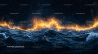 Fiery Horizon Over Rolling Ocean Waves at Night