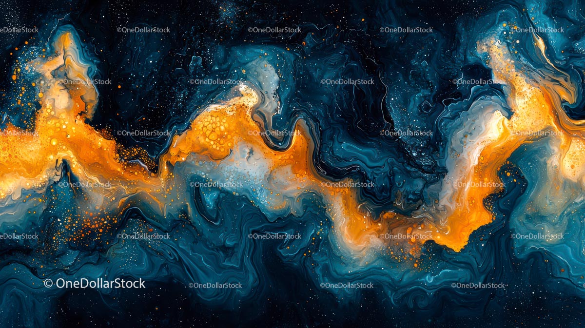 Dynamiczne zawirowania pomarańczowego i niebieskiego tuszu w technice Fluid Art