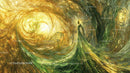 Ethereal Figure in Golden and Green Swirling Landscape