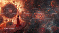 Woman in Red Dress Gazing at Cosmic Nebula