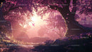 Enchanting Forest with Pink Blossoms at Sunrise