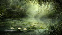 Misty Pond with Water Lilies in a Tranquil Forest