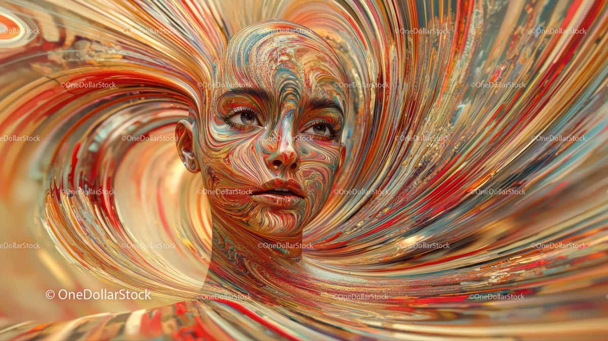 Surrealistyczny portret z żywymi, wirującymi wzorami