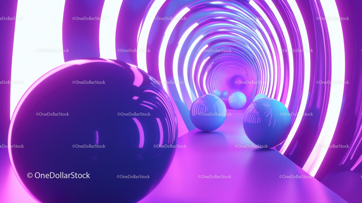 Futurystyczny neonowy tunel ze świecącymi kulami