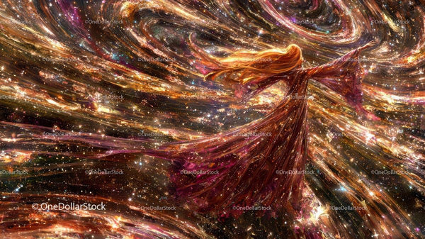 Mystical Woman Dancing Through the Cosmic Swirls