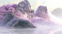 Mystical Rocky Landscape with Mist and Pink Foliage