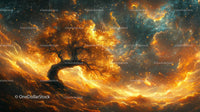 Mystical Glowing Tree Under a Starry Cosmic Sky