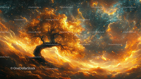 Mystical Glowing Tree Under a Starry Cosmic Sky
