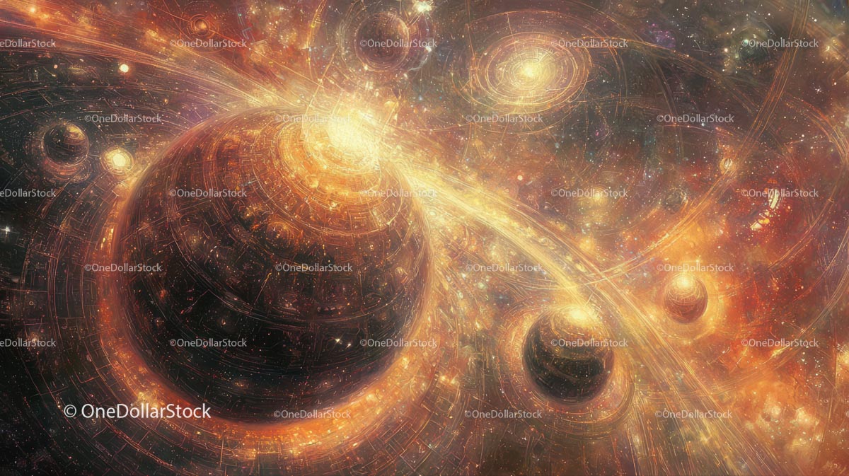 Tętniąca życiem kosmiczna scena z abstrakcyjnymi planetami i gwiazdami