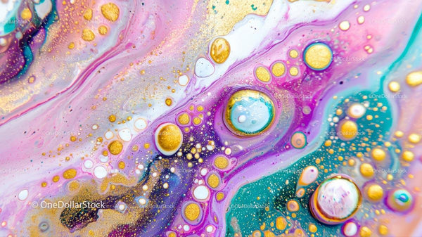 Vibrant Abstract Art with Gold Accents and Bubbles