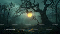 Misty Enchanted Forest with Ancient Tree at Twilight